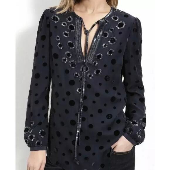 Tory Burch Angela black silk beaded tunic top blouse small burnout luxury glam - Picture 1 of 14